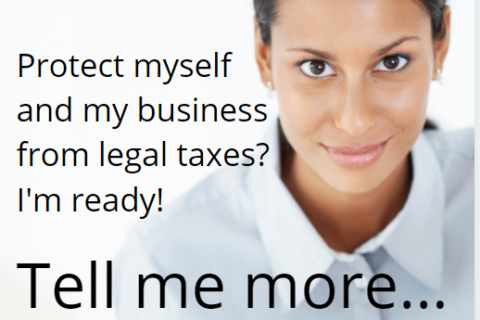Determined woman closeup with text: Protect myself and my business from legal taxes? I'm ready